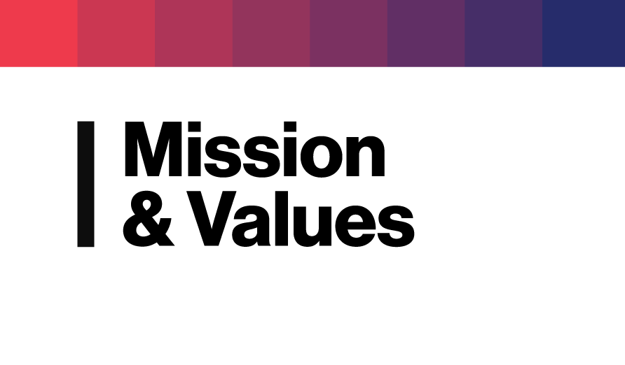 text graphic header with red background that reads  "about us - mission & values"