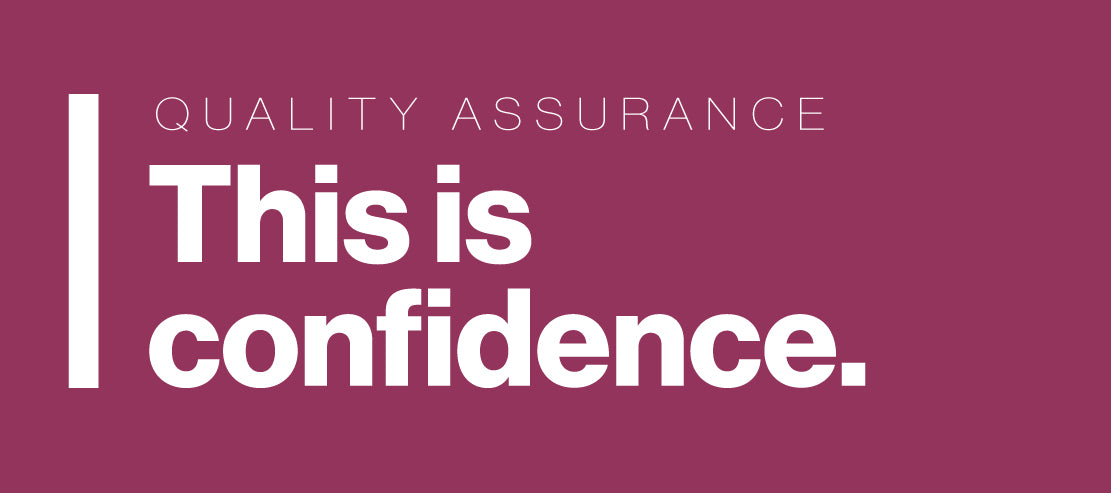 text graphic header banner with a purple background that reads "quality assurance - this is confidence"